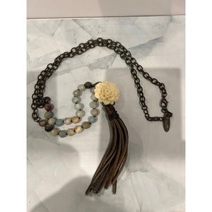 Plunder Gabbie Beaded White Flower Leather Tassel Necklace